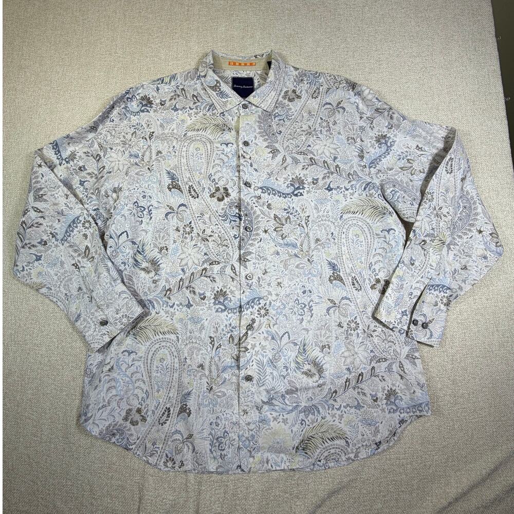Tommy Bahama Men XL Tan Blue Floral Long Slv Paisley Linen Casual Resort Shirt